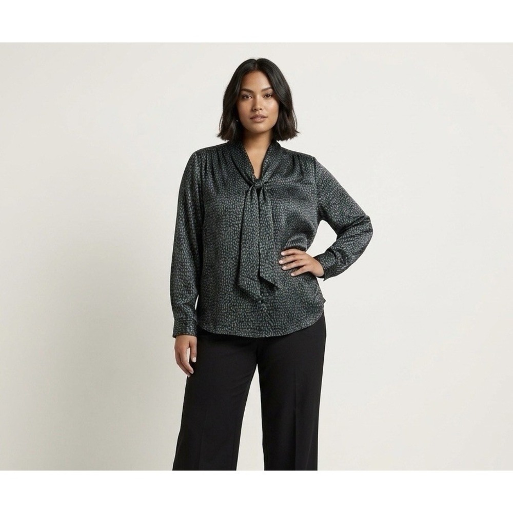 Tucker Size-XL Women's Blouse Silk Long Sleeve  Green Black